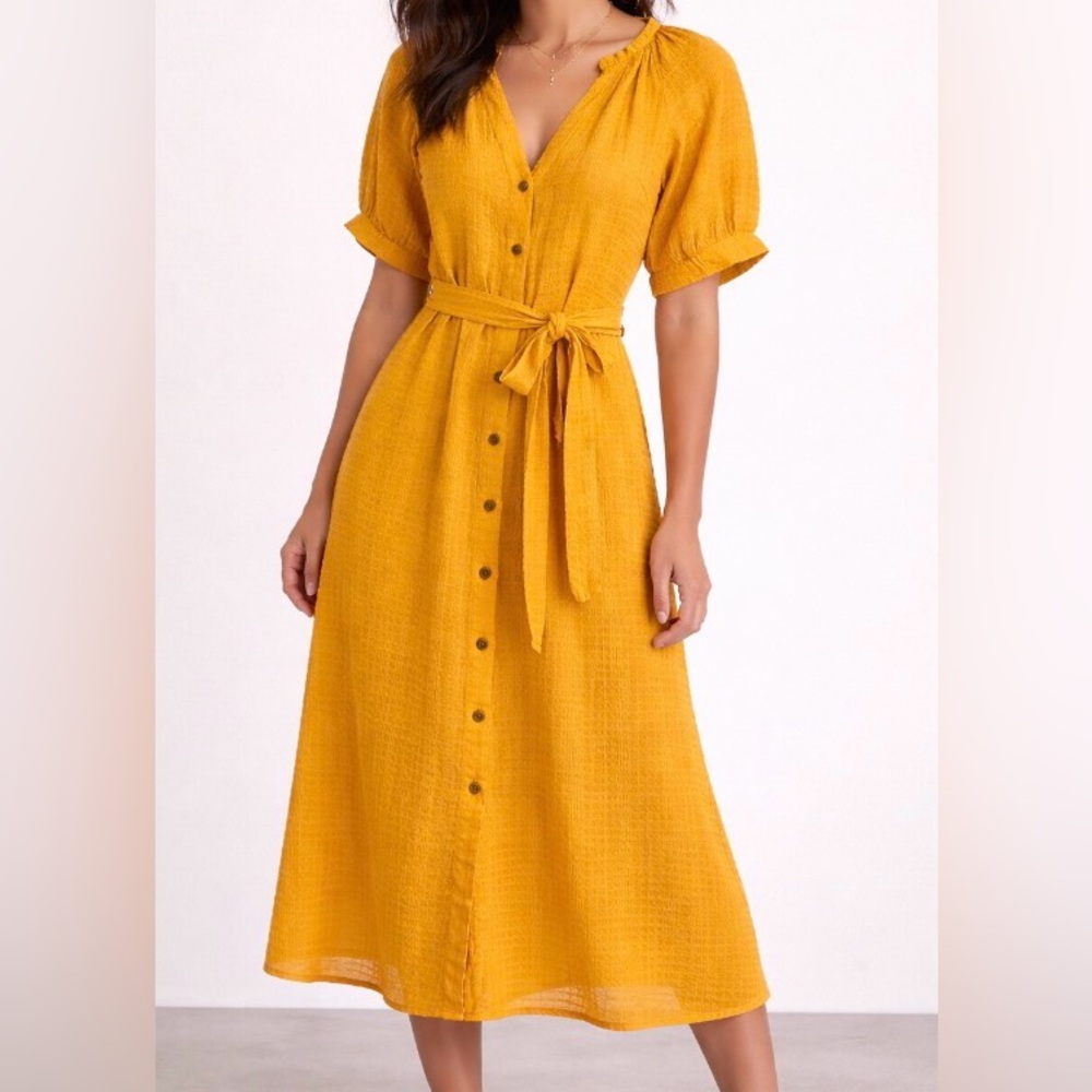 ANN TAYLOR Yellow Light Weight Textured Button Down A-Line Midi Dress Size XS